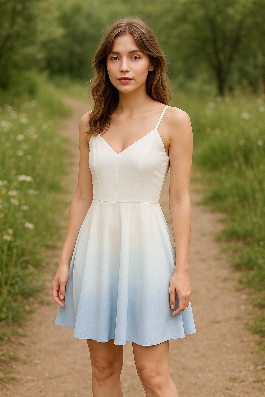 Cottagecore Spring Wedding Guest White Blue Ombre Fit & Flare Dress M